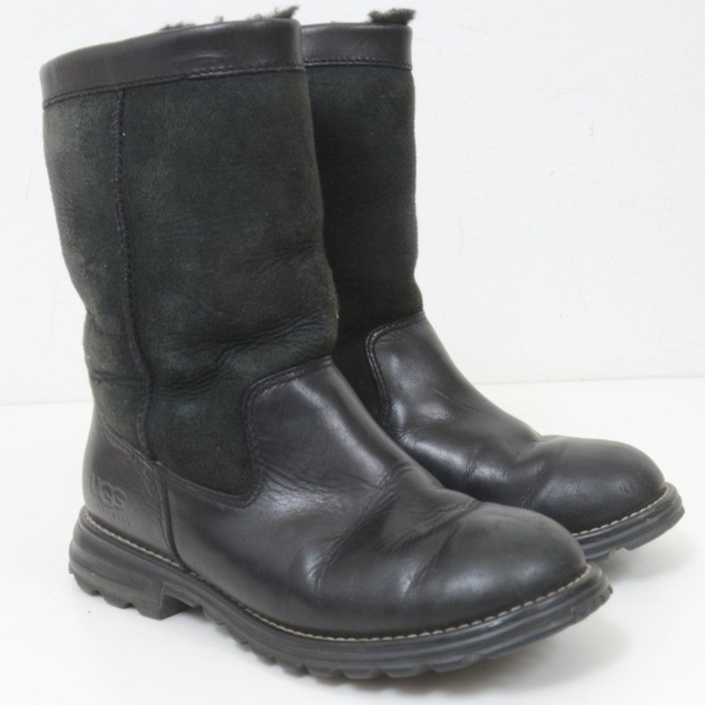 UGG Australia Brooks 5381 Black Leather Suede Shearling Boots Women's Size 5